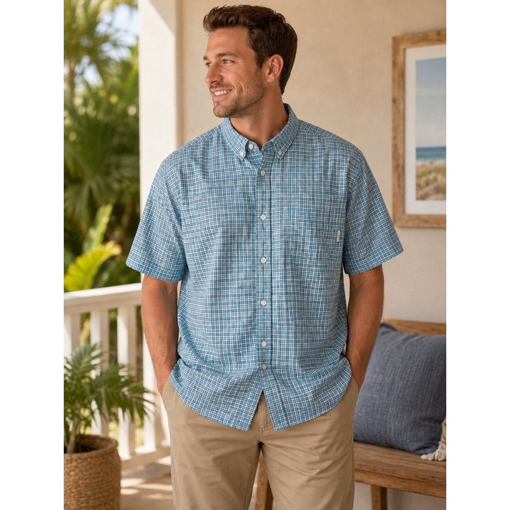 Columbia Sportswear Mens XL Blue Plaid Shirt Short Sleeve Button Down -3709